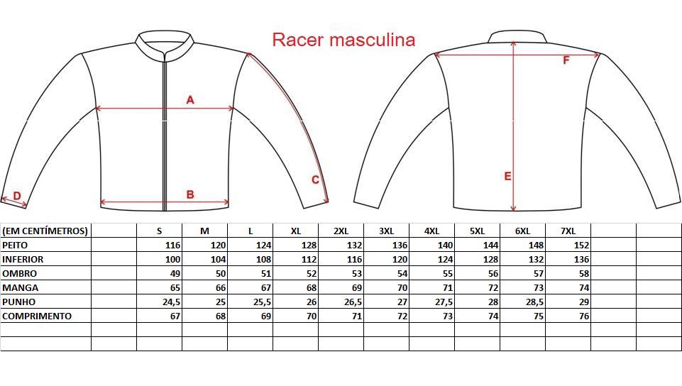 Tabela Medidas Jaqueta Gutti Racer Masculina